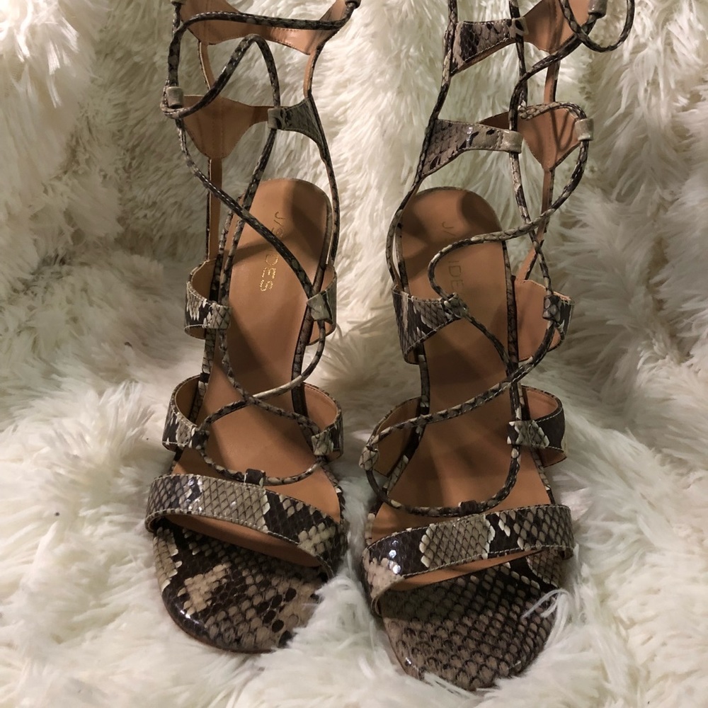 Faux snakeskin mid calf lace heels